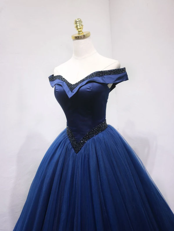 Vintage / Retro Navy Blue Prom Dresses 2019 Ball Gown Off-The-Shoulder Beading Crystal Sleeveless Backless Floor-Length / Long Formal Dresses