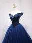 Vintage / Retro Navy Blue Prom Dresses 2019 Ball Gown Off-The-Shoulder Beading Crystal Sleeveless Backless Floor-Length / Long Formal Dresses