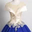 Vintage / Originale Bleu Roi Robe De Bal 2019 Robe Boule Encolure Dégagée Perle En Dentelle Fleur Appliques Mancherons Dos Nu Longue Robe De Ceremonie