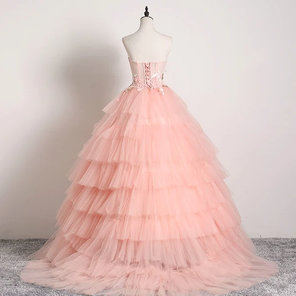 Stilig Rødmende Rosa Ballkjoler 2019 Ballkjole Kjæreste Blonder Blomst Uten Ermer Ryggløse Gripende Ruffles Feie Tog Formelle Kjoler