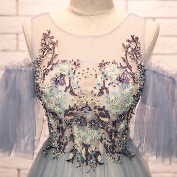 Élégant Bleu Ciel Robe De Soirée 2019 Princesse Encolure Dégagée Perlage En Dentelle Fleur Manches Courtes Dos Nu Longue Robe De Ceremonie