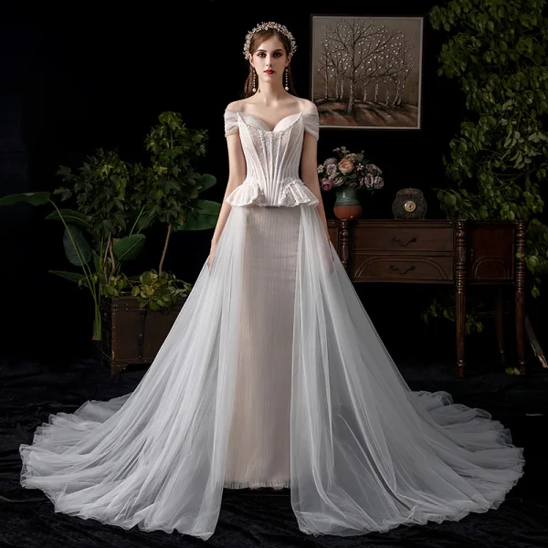Amazing / Unique Champagne Wedding Dresses 2019 A-Line / Princess Off-The-Shoulder Pearl Lace Flower Short Sleeve Backless Chapel Train