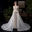 Amazing / Unique Champagne Wedding Dresses 2019 A-Line / Princess Off-The-Shoulder Pearl Lace Flower Short Sleeve Backless Chapel Train