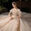 Luxury / Gorgeous Victorian Style Vintage / Retro Champagne Wedding Dresses 2019 Ball Gown Scoop Neck Beading Lace Flower Short Sleeve Backless Royal Train