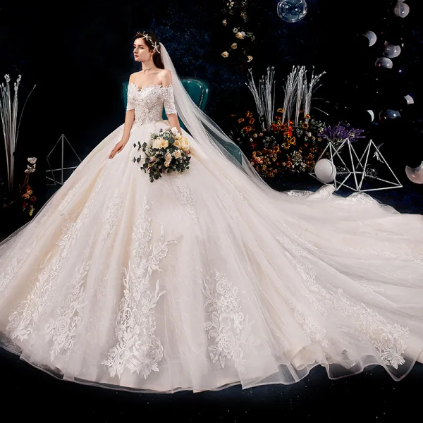 Luxury / Gorgeous Champagne Wedding Dresses 2019 Ball Gown Off-The-Shoulder Beading Sequins Pearl Lace Flower Appliques Short Sleeve Backless Royal Train