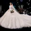 Luxury / Gorgeous Champagne Wedding Dresses 2019 Ball Gown Off-The-Shoulder Beading Sequins Pearl Lace Flower Appliques Short Sleeve Backless Royal Train
