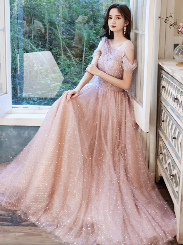 Lovely Pearl Pink Pearl Prom Dresses 2021 A-Line / Princess V-Neck Short Sleeve Backless Floor-Length / Long Formal Dresses