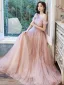 Lovely Pearl Pink Pearl Prom Dresses 2021 A-Line / Princess V-Neck Short Sleeve Backless Floor-Length / Long Formal Dresses