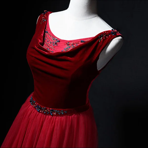 Chic / Belle Bordeaux Robe De Bal 2018 Princesse Cristal Faux Diamant Daim V-Cou Dos Nu Sans Manches Longue Robe De Ceremonie