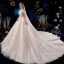 Edles Champagner Brautkleider / Hochzeitskleider 2019 A Linie Off Shoulder Perlenstickerei Perle Pailletten Spitze Blumen Ärmellos Rückenfreies Königliche Schleppe