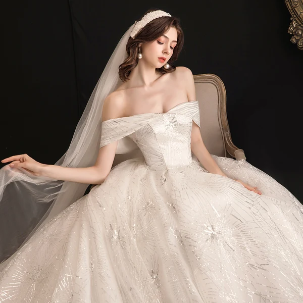 Classy Ivory Wedding Dresses 2019 Ball Gown Off-The-Shoulder Sequins Short Sleeve Backless Royal Train