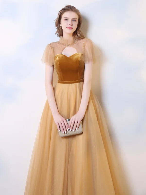 Chic / Beautiful Gold Evening Dresses 2019 A-Line / Princess Suede Scoop Neck Beading Sequins Short Sleeve Floor-Length / Long Formal Dresses