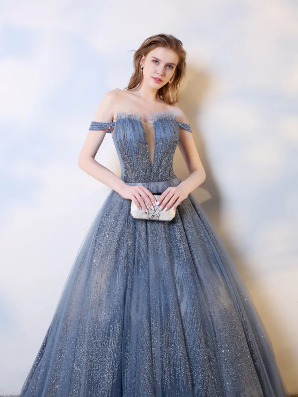 Charmant Meeresblau Abendkleider 2019 A Linie Off Shoulder Perlenstickerei Pailletten Ärmellos Rückenfreies Lange Festliche Kleider