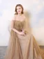 Chic / Beautiful Champagne Evening Dresses  2019 A-Line / Princess Sleeveless Beading Sequins Pearl Crystal Off-The-Shoulder Backless Floor-Length / Long Formal Dresses