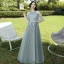 Modest / Simple Sage Green Embroidered Bridesmaid Dresses 2021 A-Line / Princess V-Neck Short Sleeve Backless Floor-Length / Long Wedding Party Dresses