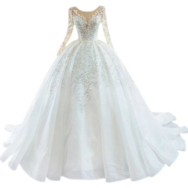 Luxury / Gorgeous Ivory Beading Crystal Wedding Dresses 2021 Ball Gown Glitter Sequins Scoop Neck Long Sleeve Cathedral Train Wedding