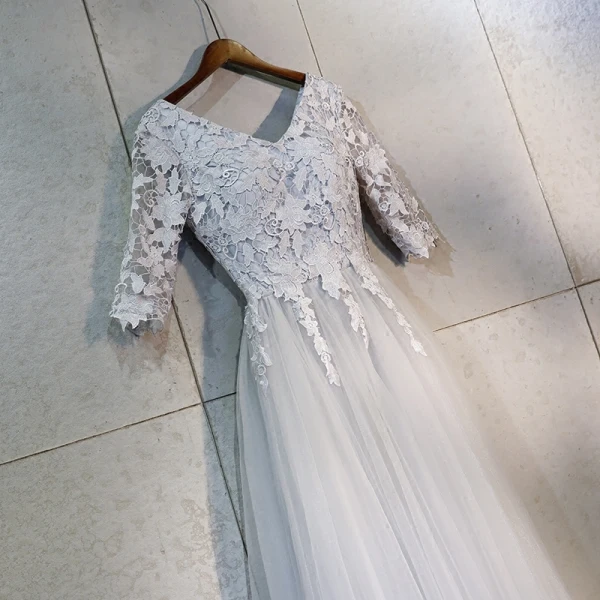 Chic / Beautiful Grey Prom Dresses 2018 A-Line / Princess Lace Appliques V-Neck Backless 1/2 Sleeves Ankle Length Formal Dresses