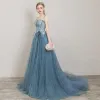 Chic / Beautiful Ocean Blue Evening Dresses  2019 A-Line / Princess Spaghetti Straps Rhinestone Appliques Lace Flower Sleeveless Backless Court Train Formal Dresses