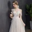 Chic / Beautiful Light Champagne Wedding Dresses 2019 A-Line / Princess V-Neck Lace Flower Short Sleeve Backless Court Train