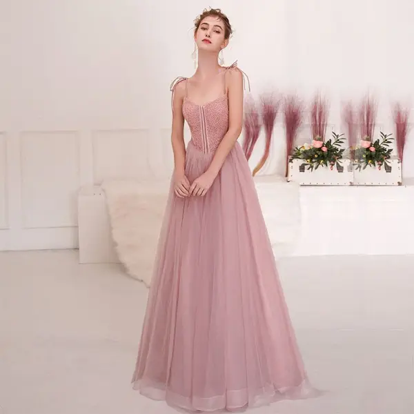 Chic / Belle Rougissant Rose Robe De Soirée 2019 Princesse Bretelles Spaghetti Noeud Perlage Paillettes Sans Manches Dos Nu Longue Robe De Ceremonie
