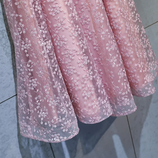 Chic / Belle Rougissant Rose Robe De Bal 2018 Princesse En Dentelle Fleur Cristal Faux Diamant Encolure Dégagée Dos Nu Manches Courtes Longueur Cheville Robe De Ceremonie