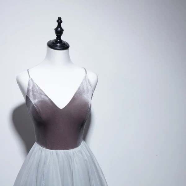 Sexy Grey Evening Dresses 2019 A-Line / Princess Spaghetti Straps Suede Sleeveless Backless Tea-length Formal Dresses