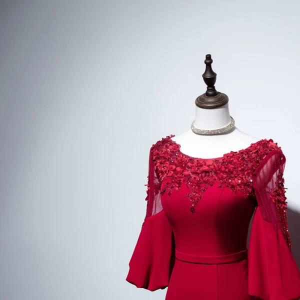 Chic / Beautiful Burgundy Evening Dresses 2019 Trumpet / Mermaid Scoop Neck Beading Sequins Lace Flower Appliques 3/4 Sleeve Backless Floor-Length / Long Formal Dresses
