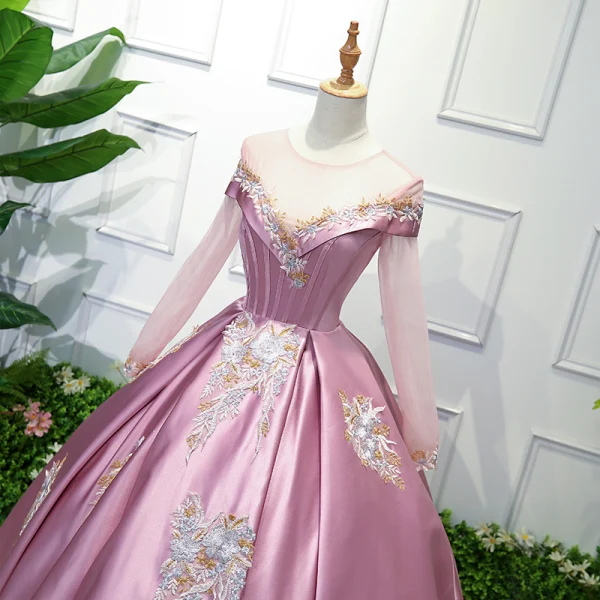 Elegant Candy Pink Prom Dresses 2019 Ball Gown Scoop Neck Lace Flower Long Sleeve Floor-Length / Long Formal Dresses