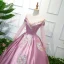 Elegant Candy Pink Prom Dresses 2019 Ball Gown Scoop Neck Lace Flower Long Sleeve Floor-Length / Long Formal Dresses