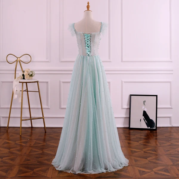 Chic / Beautiful Sage Green Evening Dresses 2019 A-Line / Princess Square Neckline Pearl Sequins Lace Flower Sleeveless Backless Floor-Length / Long Formal Dresses