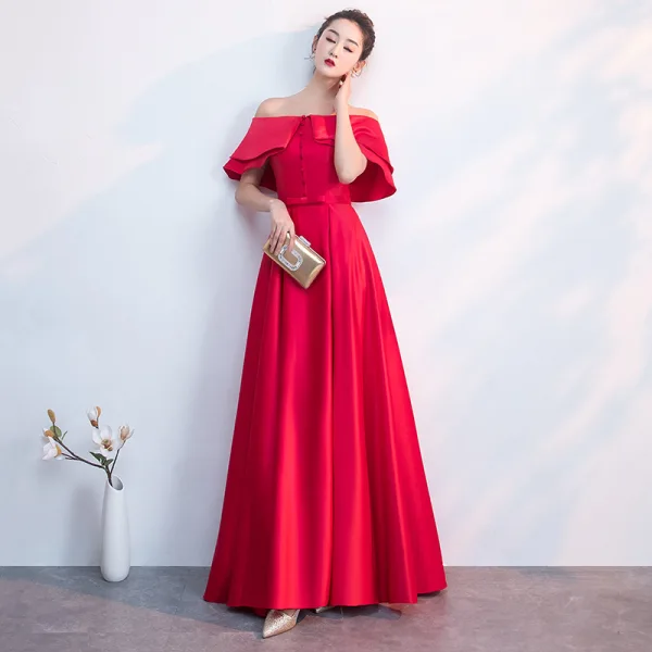 Classy Red Evening Dresses 2019 A-Line / Princess Off-The-Shoulder Bow Short Sleeve Backless Floor-Length / Long Formal Dresses