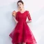 Charming Burgundy Party Dresses 2019 A-Line / Princess Scoop Neck 1/2 Sleeves Lace Flower Asymmetrical Formal Dresses