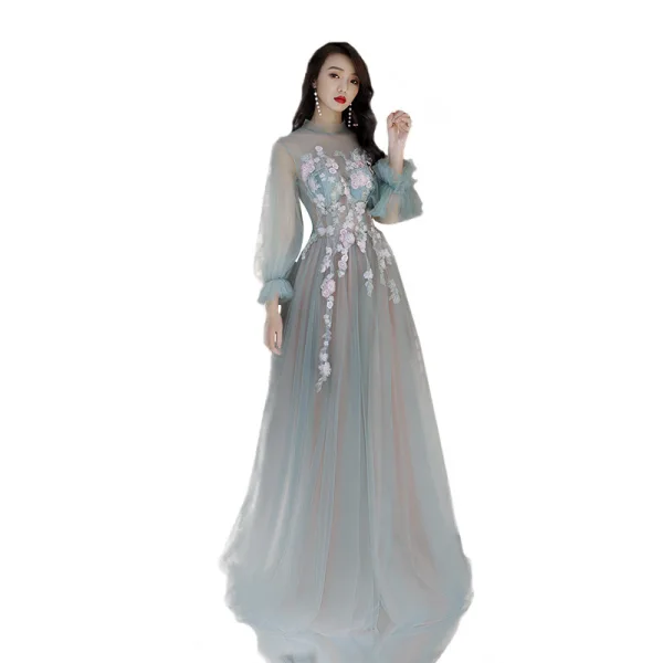Élégant Vert Cendré Robe De Soirée 2019 Princesse Encolure Dégagée Perlage Perle Faux Diamant En Dentelle Fleur Manches Longues Dos Nu Longue Robe De Ceremonie