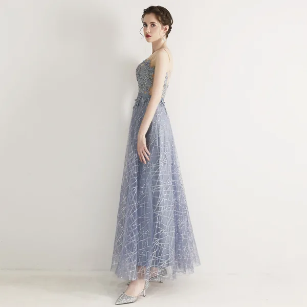 Chic / Belle Bleu Ciel Robe De Soirée 2019 Princesse Encolure Dégagée Perlage En Dentelle Fleur Appliques Faux Diamant Sans Manches Longue Robe De Ceremonie