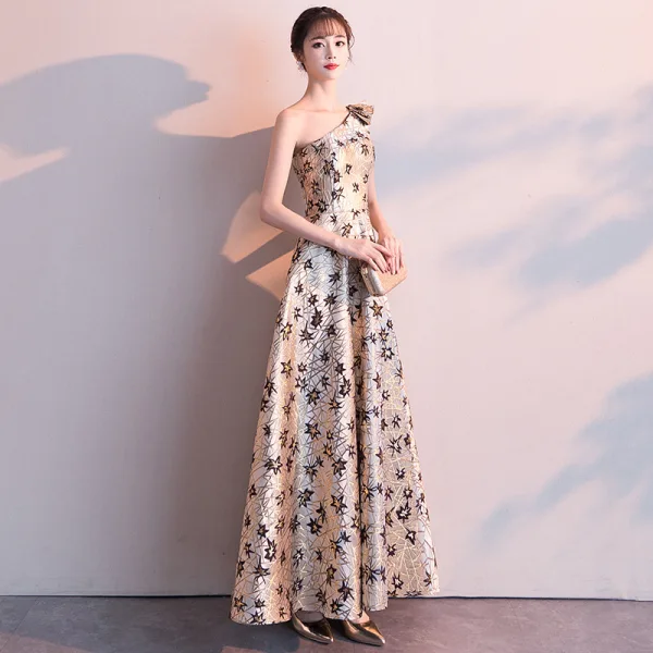 Classy Gold Evening Dresses  2019 A-Line / Princess One-Shoulder Lace Flower Sleeveless Backless Floor-Length / Long Formal Dresses