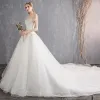 Affordable Ivory Wedding Dresses 2018 Ball Gown Lace Flower Sequins Pearl Off-The-Shoulder Backless Sleeveless Cathedral Train Wedding