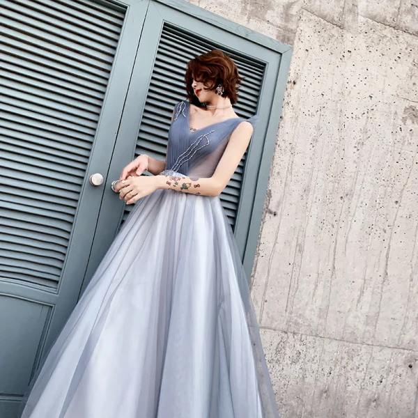 Élégant Bleu Robe De Soirée 2019 Princesse V-Cou Perlage Cristal Sans Manches Dos Nu Longue Robe De Ceremonie