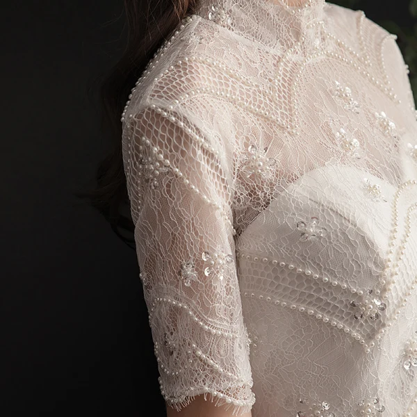 Chic / Belle Champagne Robe De Mariée 2019 Princesse Col Haut Perlage Paillettes Perle En Dentelle Fleur Manches Courtes Dos Nu Train De Balayage