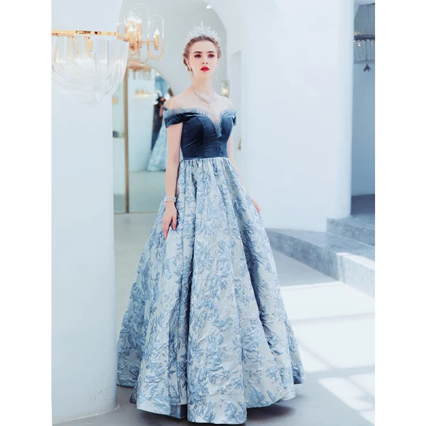 Elegant Ocean Blue Evening Dresses 2019 A-Line / Princess Suede Off-The-Shoulder Lace Flower Sleeveless Backless Floor-Length / Long Formal Dresses