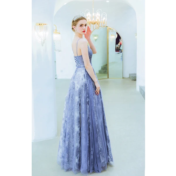 Chic / Beautiful Ocean Blue Evening Dresses 2019 A-Line / Princess Spaghetti Straps Beading Crystal Lace Flower Sleeveless Backless Floor-Length / Long Formal Dresses