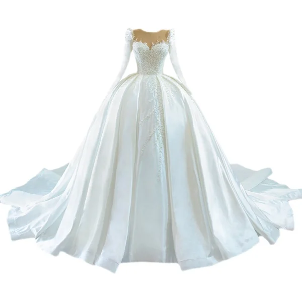 High-end Elegant Ivory Pearl Satin Wedding Dresses 2021 Ball Gown Beading Scoop Neck Long Sleeve Cathedral Train Wedding