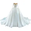High-end Elegant Ivory Pearl Satin Wedding Dresses 2021 Ball Gown Beading Scoop Neck Long Sleeve Cathedral Train Wedding