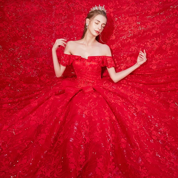 Stunning Red Wedding Dresses 2019 A-Line / Princess Off-The-Shoulder Beading Pearl Sequins Lace Flower Short Sleeve Backless Royal Train