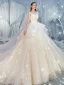 Étourdissant Champagne Robe De Mariée 2019 Princesse Encolure Dégagée Faux Diamant En Dentelle Fleur Appliques Sans Manches Dos Nu Volants en Cascade Royal Train