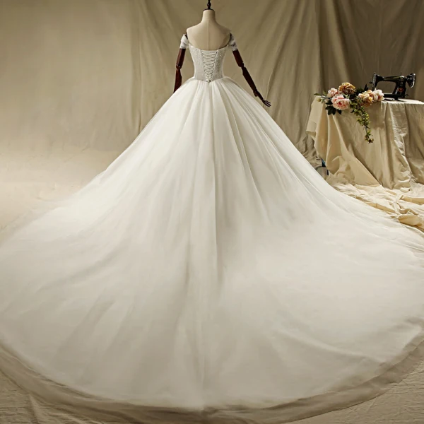 Luxury / Gorgeous Ivory Wedding Dresses 2019 A-Line / Princess Off-The-Shoulder Beading Pearl Lace Flower Short Sleeve Backless Cathedral Train