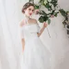 Light White Beach Wedding Dresses 2019 A-Line / Princess Off-The-Shoulder Pearl Lace Flower Appliques Short Sleeve Backless Floor-Length / Long