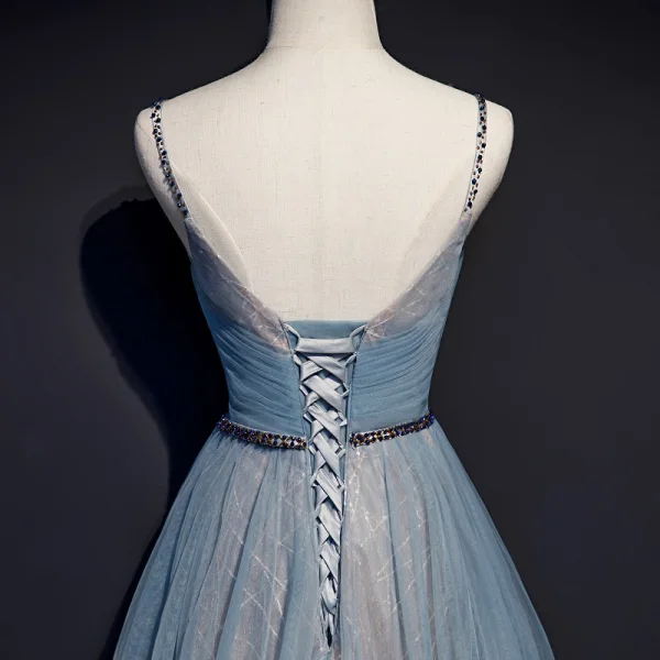 Elegant Blå Selskapskjoler 2019 Prinsesse Spaghettistropper Beading Sash Uten Ermer Ryggløse Lange Formelle Kjoler