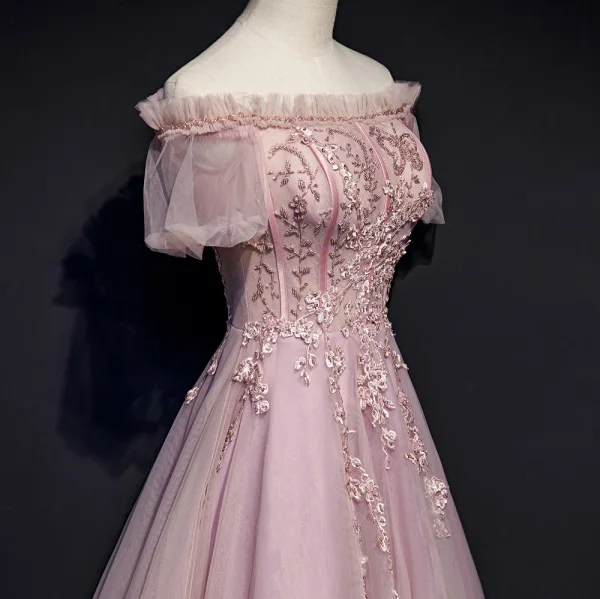 Style Victorien Rougissant Rose Robe De Soirée 2019 Princesse Volants De l'épaule Perlage En Dentelle Fleur Manches Courtes Dos Nu Longue Robe De Ceremonie