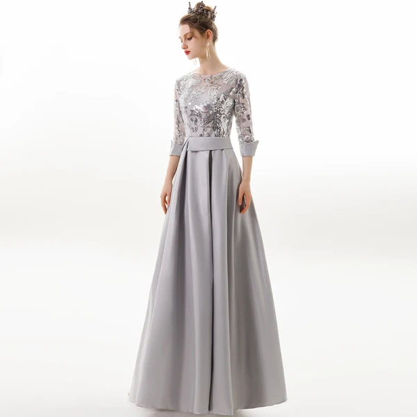 Modern / Fashion Silver Evening Dresses  2019 A-Line / Princess Scoop Neck Sequins 3/4 Sleeve Backless Floor-Length / Long Formal Dresses