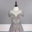 High End Grau Abendkleider 2019 A Linie Rundhalsausschnitt Handgefertigt Perlenstickerei Kristall Strass Kurze Ärmel Sweep / Pinsel Zug Festliche Kleider